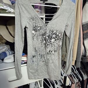 Baby Phat Gray Sequin Leopard-Print Long Sleeve V-Neck Top